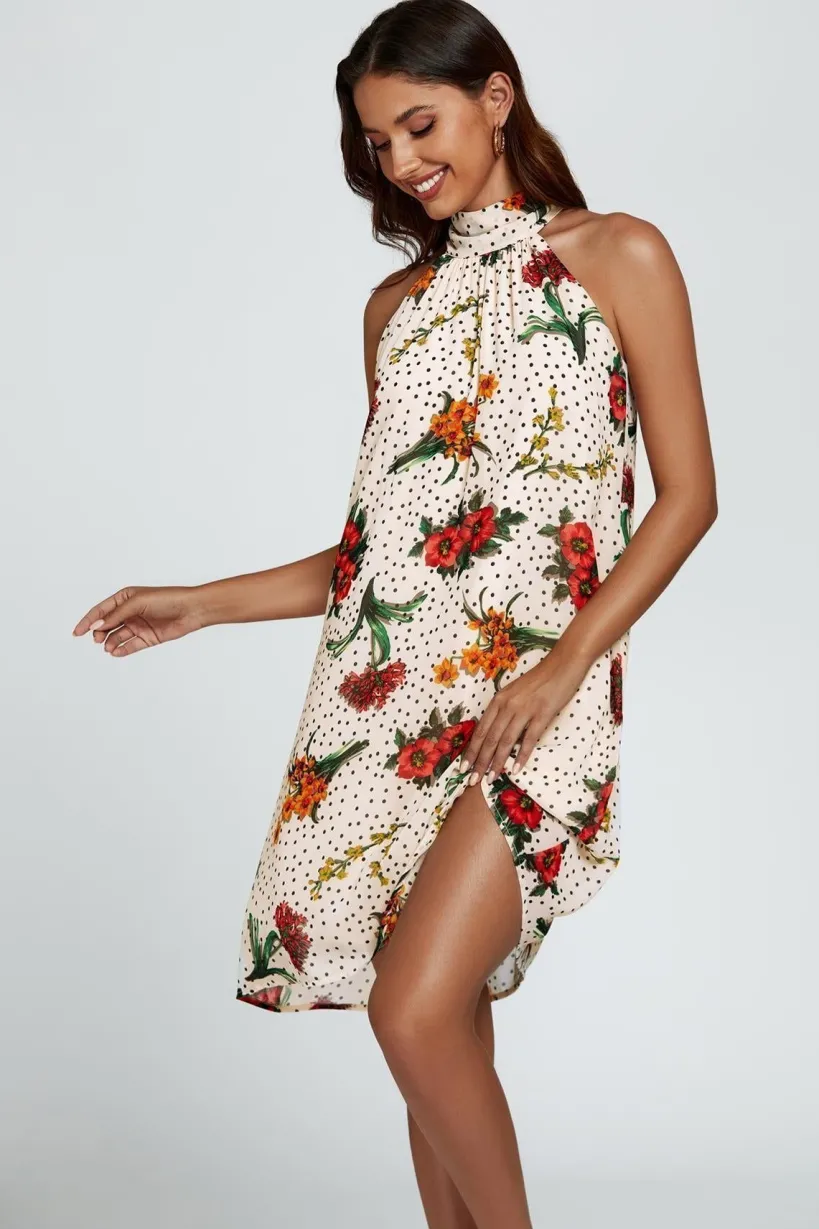Floral Print Halter Neck Tie Back Mini Dress In Off White by FS Collection