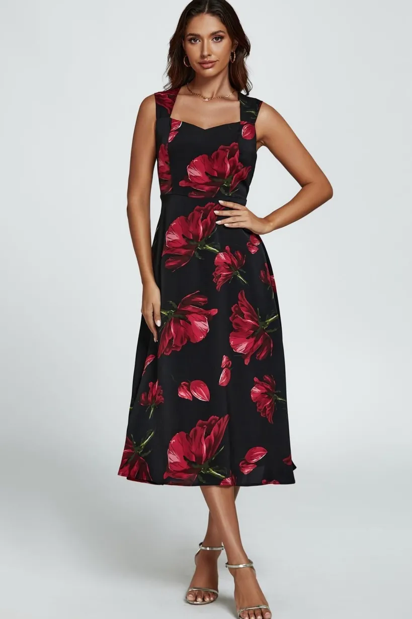 Floral Print Heart Neck Midi Dress In Black by FS Collection