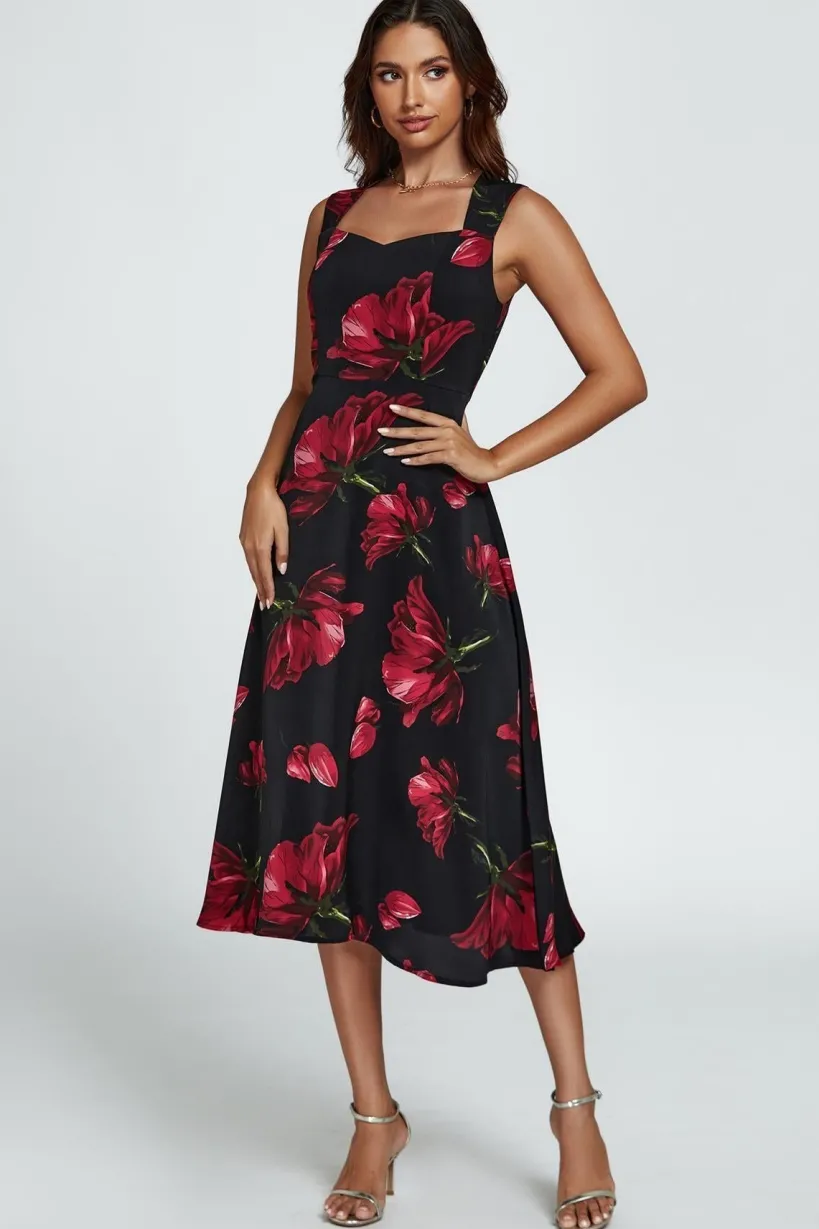Floral Print Heart Neck Midi Dress In Black by FS Collection