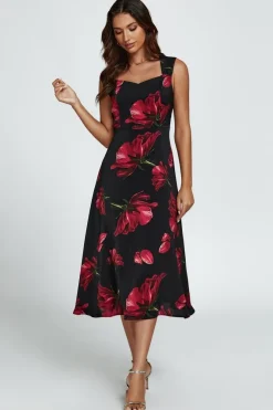 Floral Print Heart Neck Midi Dress In Black by FS Collection