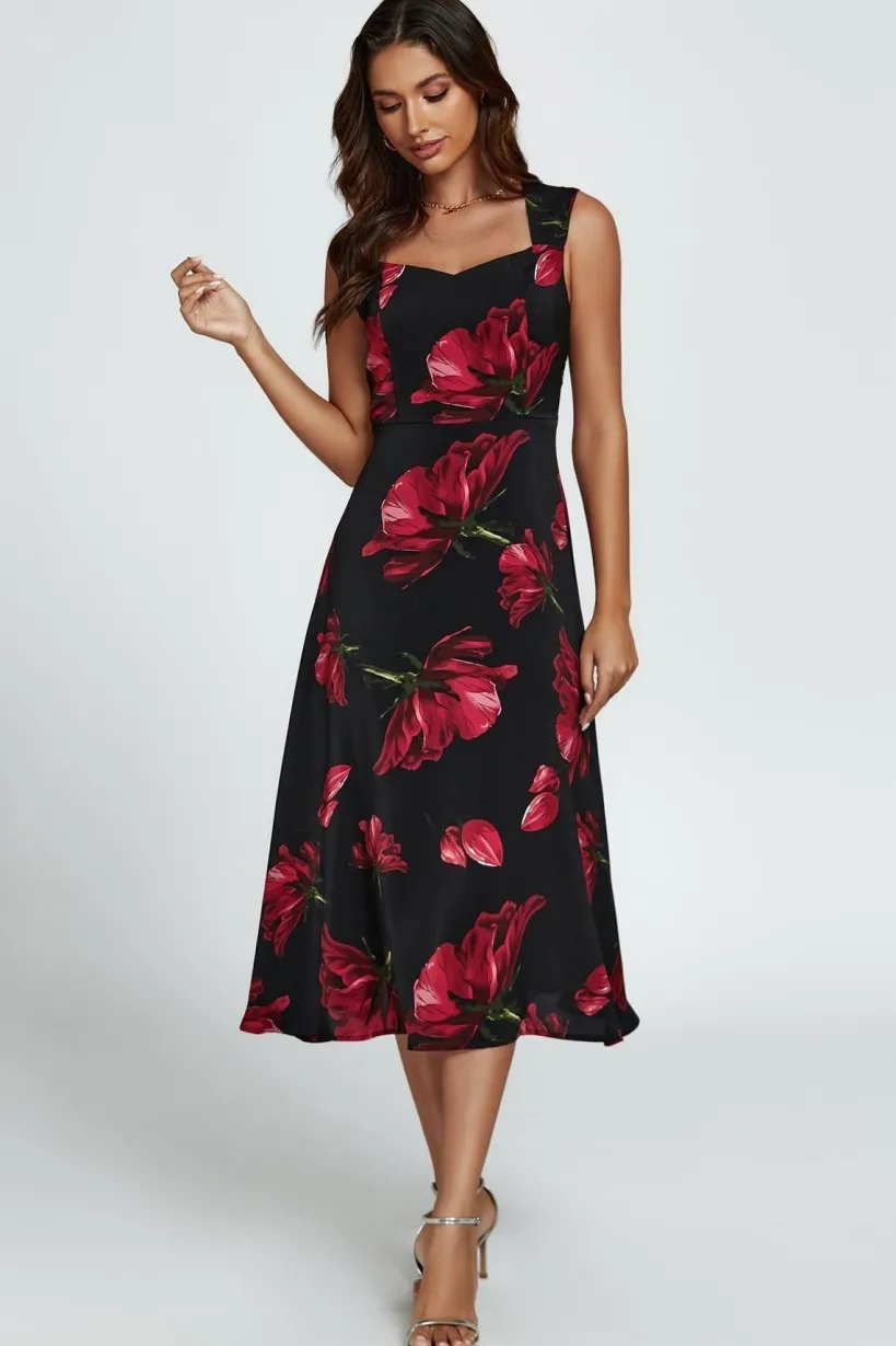 Floral Print Heart Neck Midi Dress In Black by FS Collection
