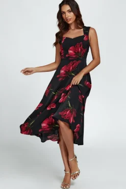 Floral Print Heart Neck Midi Dress In Black by FS Collection