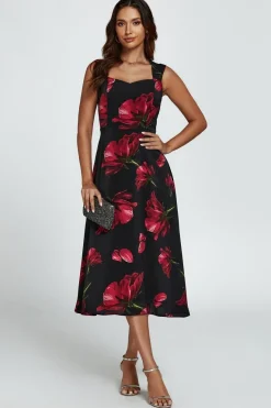 Floral Print Heart Neck Midi Dress In Black by FS Collection