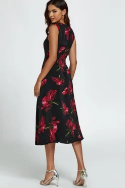 Floral Print Heart Neck Midi Dress In Black by FS Collection