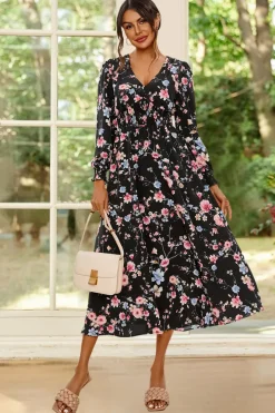 Floral Print Long Sleeve Midi Dress In Black by FS Collection