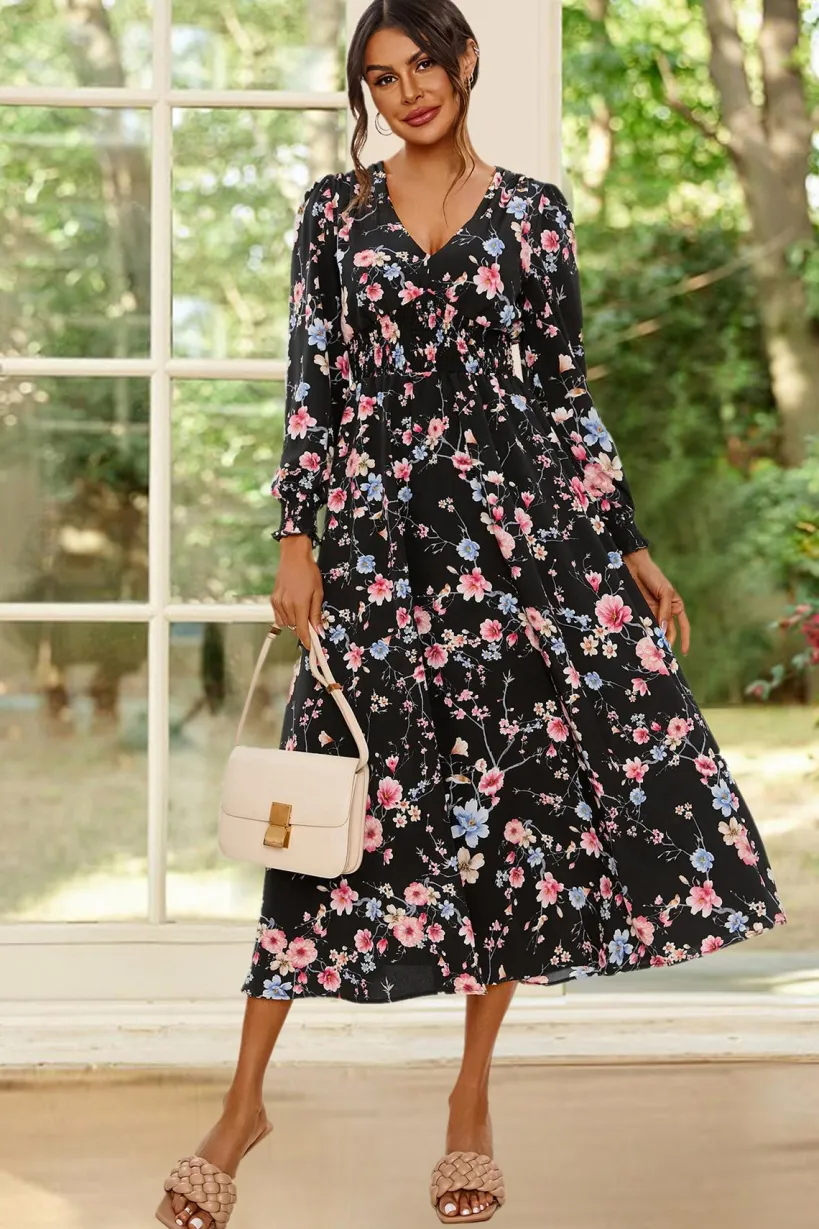 Floral Print Long Sleeve Midi Dress In Black by FS Collection
