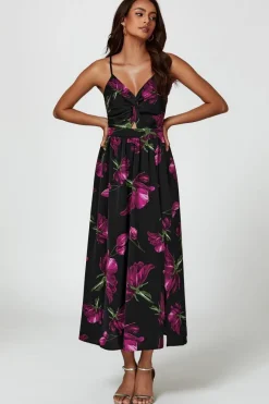 Floral Print Maxi Dress In Black by FS Collection