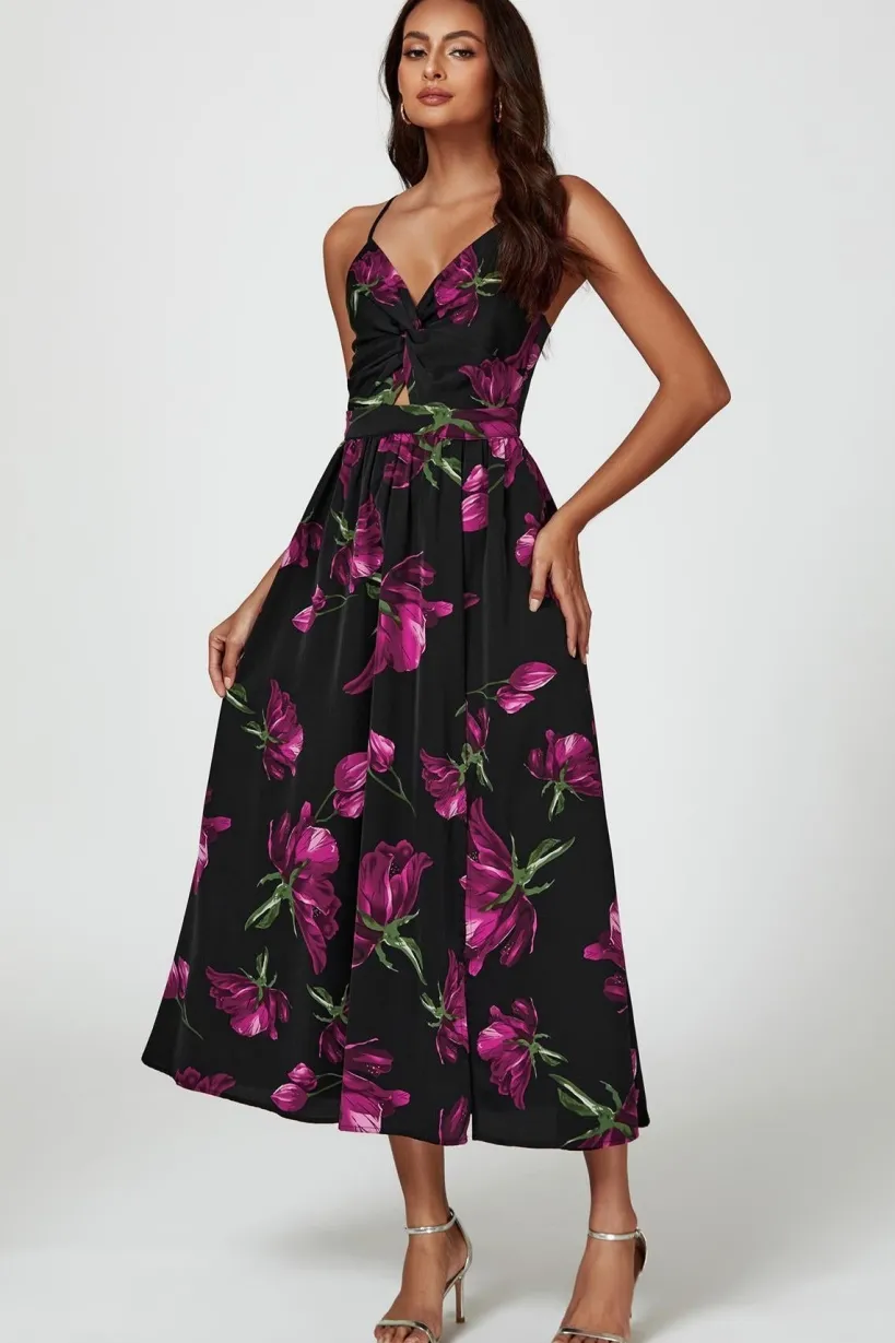 Floral Print Maxi Dress In Black by FS Collection