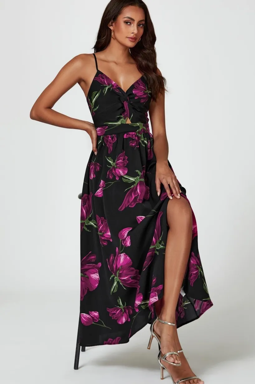 Floral Print Maxi Dress In Black by FS Collection