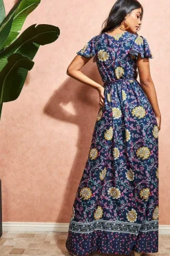 Floral Print Maxi With Flutter Sleeves - Navy Print by Goddiva