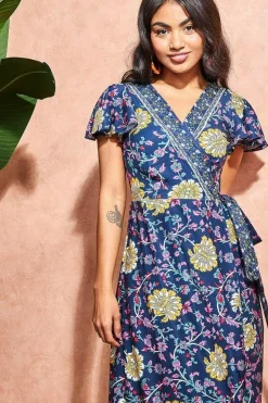 Floral Print Maxi With Flutter Sleeves - Navy Print by Goddiva