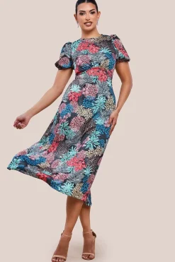 Floral Print Midi Dress With Short Sleeve by Urban Touch