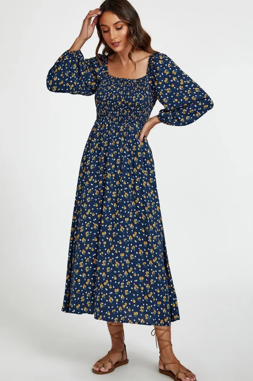 Floral Print Square Neck Maxi Dress In Dark Blue by FS Collection