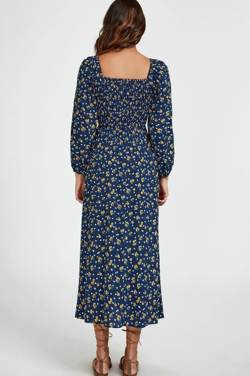 Floral Print Square Neck Maxi Dress In Dark Blue by FS Collection
