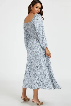 Floral Print Square Neck Maxi Dress In Light Blue by FS Collection