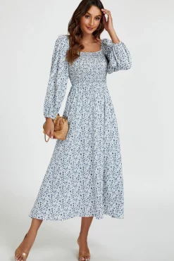 Floral Print Square Neck Maxi Dress In Light Blue by FS Collection