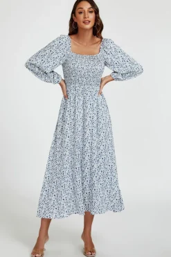 Floral Print Square Neck Maxi Dress In Light Blue by FS Collection