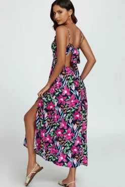 Floral Print Tie Front Maxi Dress In Black by FS Collection