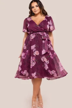 Floral Print Wrap Chiffon Midi Dress - Berry Floral by Goddiva Plus