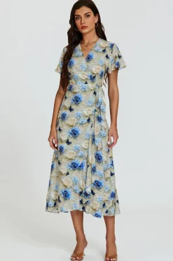 Floral Print Wrap Hem Midi Dress In Beige by FS Collection