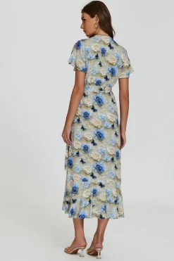 Floral Print Wrap Hem Midi Dress In Beige by FS Collection