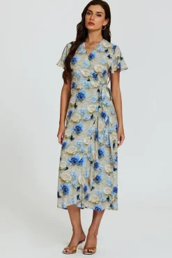 Floral Print Wrap Hem Midi Dress In Beige by FS Collection