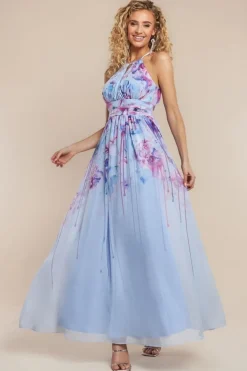 Floral Printed Chiffon Halter Maxi Dress - Blue by Goddiva