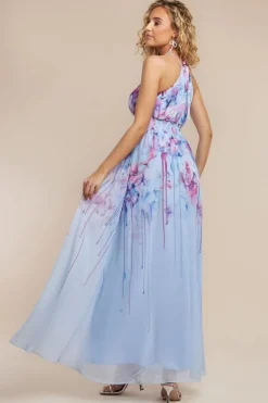 Floral Printed Chiffon Halter Maxi Dress - Blue by Goddiva