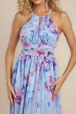 Floral Printed Chiffon Halter Maxi Dress - Blue by Goddiva