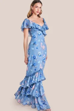 Floral Printed Chiffon Ruffle Maxi - Blue by Goddiva