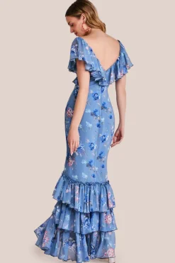 Floral Printed Chiffon Ruffle Maxi - Blue by Goddiva