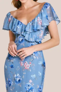 Floral Printed Chiffon Ruffle Maxi - Blue by Goddiva