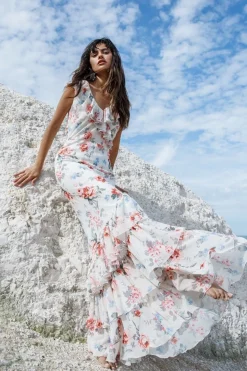 Floral Printed Chiffon Ruffle Maxi - Cream by Goddiva