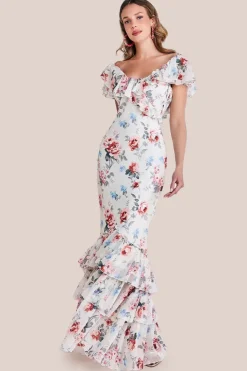 Floral Printed Chiffon Ruffle Maxi - Cream by Goddiva