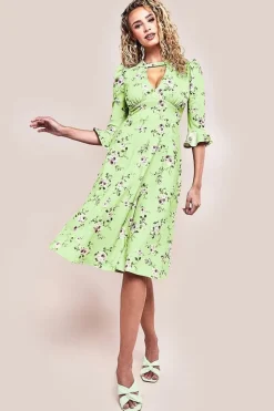 Floral Printed Flared Sleeve Midi - Sage Green by Goddiva