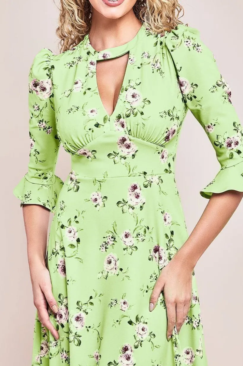 Floral Printed Flared Sleeve Midi - Sage Green by Goddiva