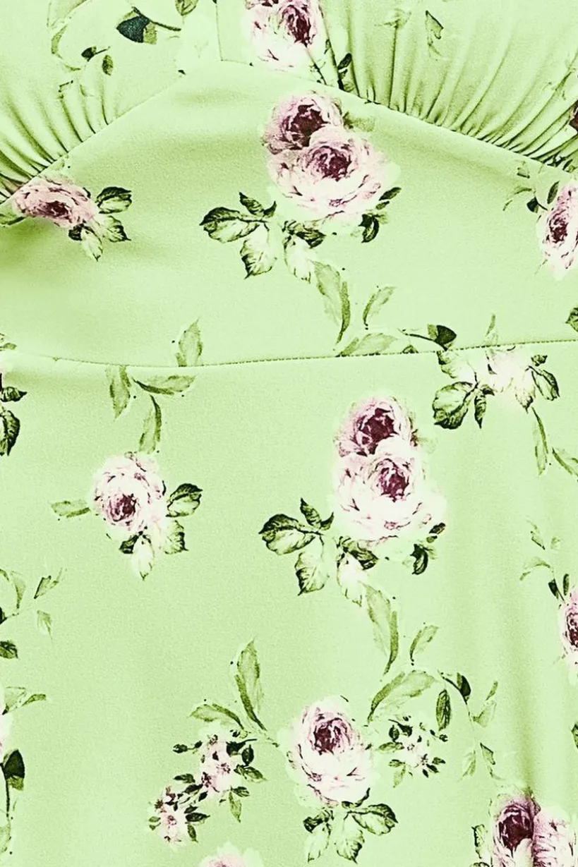 Floral Printed Flared Sleeve Midi - Sage Green by Goddiva