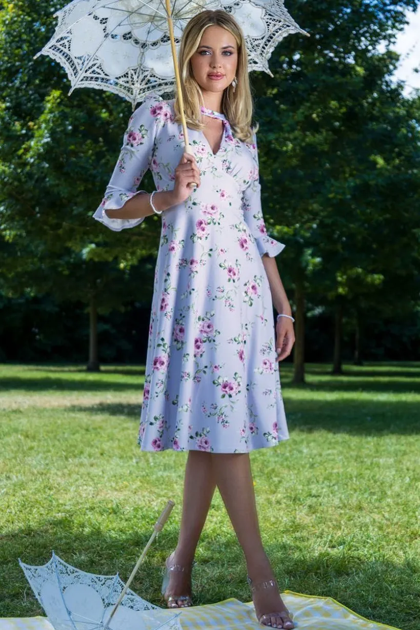 Floral Printed Flared Sleeve Midi - Lilac by Goddiva