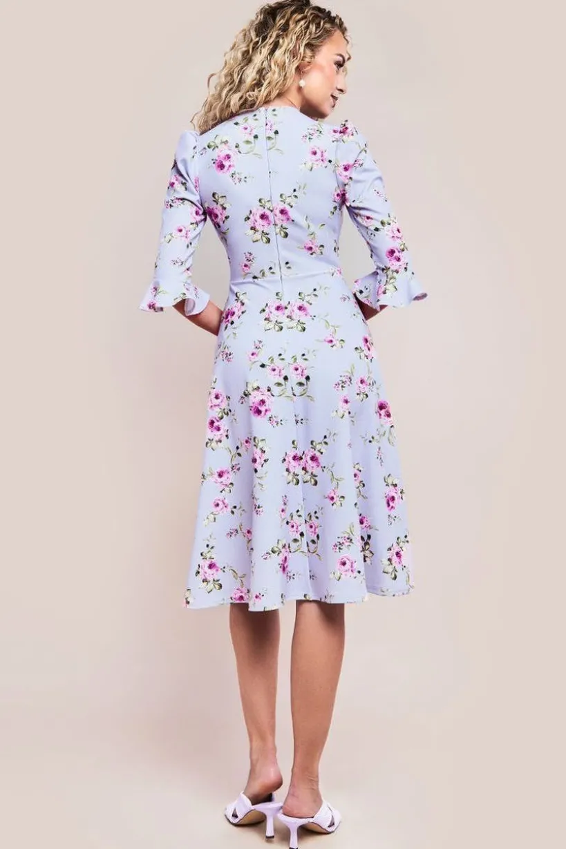 Floral Printed Flared Sleeve Midi - Lilac by Goddiva