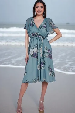 Floral Printed Flutter Sleeve Chiffon Midi Dress - Airforce Blue by Goddiva