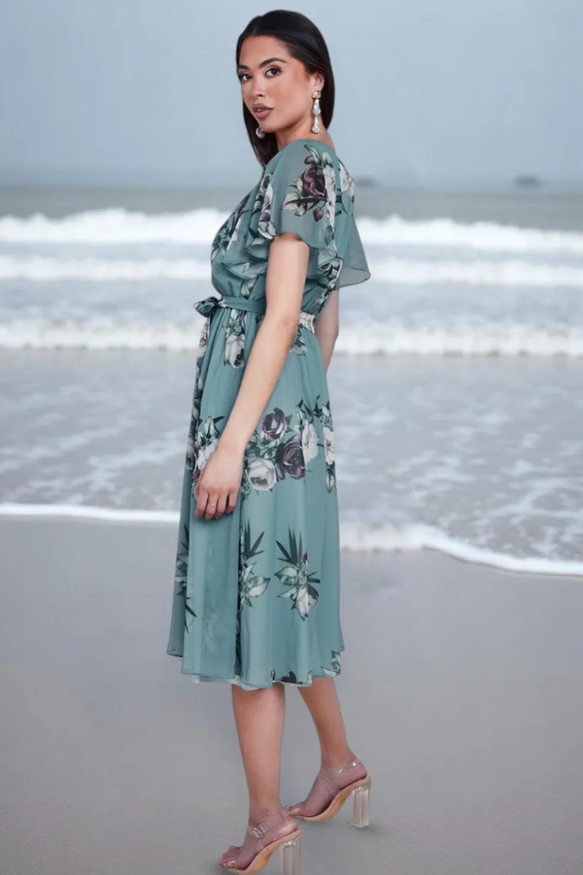 Floral Printed Flutter Sleeve Chiffon Midi Dress - Airforce Blue by Goddiva