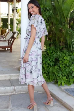 Floral Printed Flutter Sleeve Chiffon Midi Dress - Cream by Goddiva