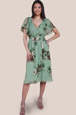 Floral Printed Flutter Sleeve Chiffon Midi Dress - Sage Green by Goddiva