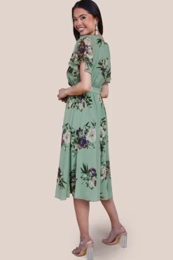 Floral Printed Flutter Sleeve Chiffon Midi Dress - Sage Green by Goddiva