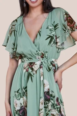 Floral Printed Flutter Sleeve Chiffon Midi Dress - Sage Green by Goddiva