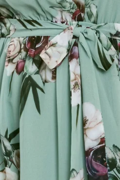 Floral Printed Flutter Sleeve Chiffon Midi Dress - Sage Green by Goddiva