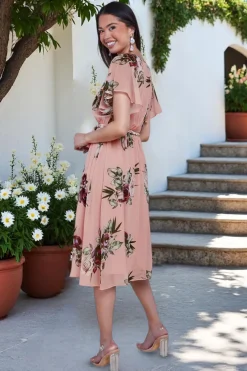 Floral Printed Flutter Sleeve Chiffon Midi Dress - Peach by Goddiva
