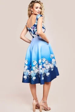 Floral Printed Scuba Foam Skater Dress - Blue by Goddiva