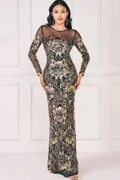 Floral Sequin Mesh Maxi - Gold by Goddiva