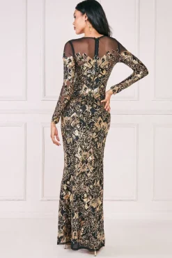 Floral Sequin Mesh Maxi - Gold by Goddiva